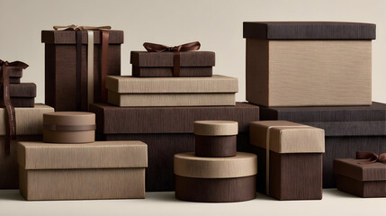 A collection of textured brown and beige gift boxes of varying sizes stacked on a neutral background