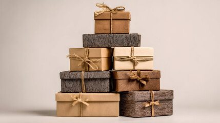 A stack of assorted gift boxes tied with twine on a neutral background, arranged in a pyramid shape