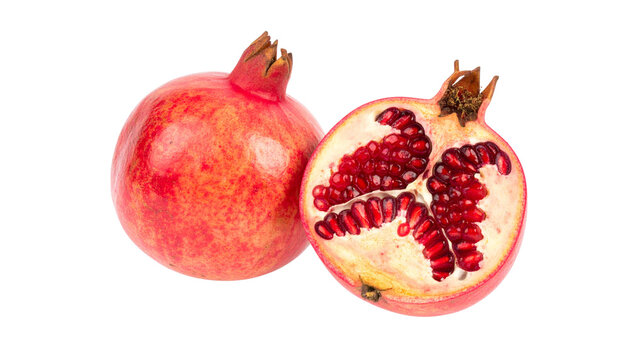Dual pomegranate collection featuring whole fruit and cut variation, isolated on transparent background