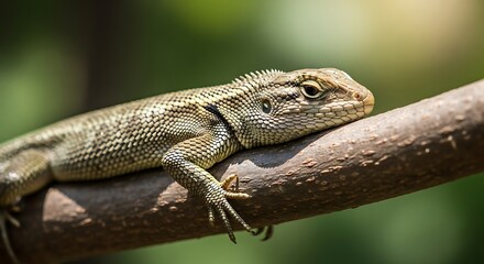 Naklejka premium Close-up of a camouflaged lizard resting on a textured tree branch in natural light