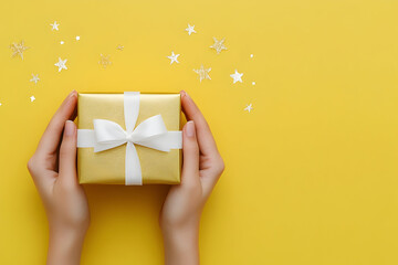 Hands holding a gold gift box with a white ribbon on a yellow background with star shaped confetti