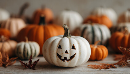 A white carved pumpkin with a smiling face surrounded by other pumpkins and autumn leaves decoratively