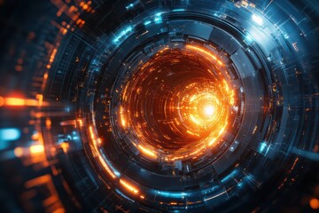 Inside a glowing futuristic particle accelerator tunnel with intense orange and blue light