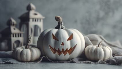 A halloween still life featuring white pumpkins, lanterns, and a textured gray background setting the scene
