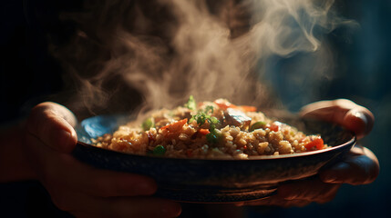 Hands holding a steaming bowl of fried rice with vegetables and garnish in a dark setting