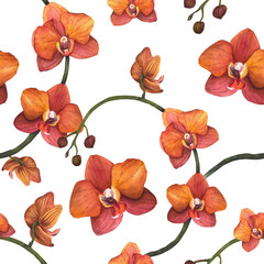 Orange orchid branch. Seamless pattern. For wallpaper and textiles. Watercolor illustration on a white background. Hand-drawn.