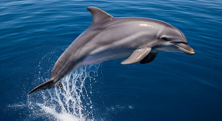 Fototapeta premium A graceful dolphin leaps from the ocean, showcasing its sleek physique and the vibrant blue water surrounding it