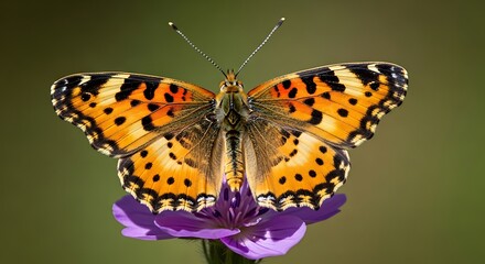 Obraz premium Close-up of a colorful butterfly resting on a vibrant purple flower in a garden