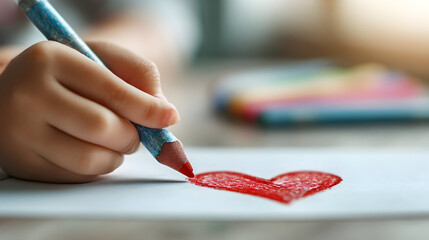 A child's hand drawing a red heart on white paper with a blue and red colored pencil closeup shot