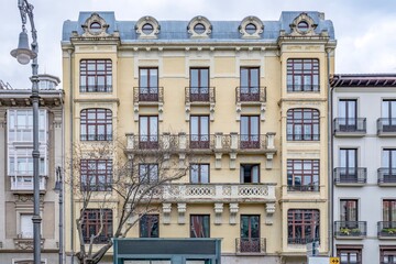 Historic Building on Plaza del Castillo, Pamplona, Spain. Belle Epoque Architecture, Yellow Facade,...