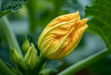 A close up of a yellow zucchini flower bud surrounded by green leaves in a garden setting outdoors