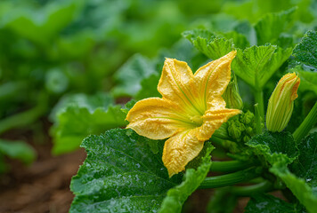 A close up of a vibrant yellow zucchini flower surrounded by lush green leaves in a garden setting