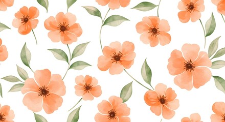 Watercolor floral seamless pattern with orange flowers and green leaves