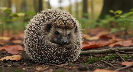 Close-up of a cute hedgehog curled up in a ball on the forest floor in autumn