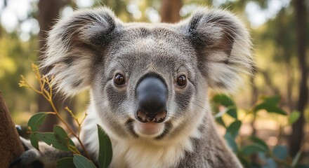 Obraz premium Close-up of a cute koala face with soft focus green foliage and trees in the background