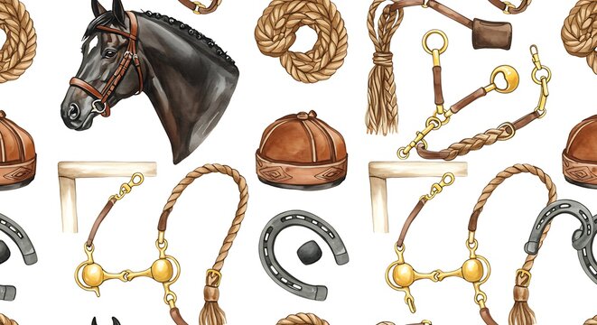Watercolor horse tack pattern with horse head and equestrian equipment