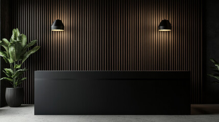 Obraz premium Sleek black reception counter mockup with LED strip lighting modern interior design lobby contemporary visitor corporate business workspace decor