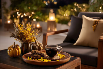 A cozy outdoor scene with coffee, cookies, pumpkins, and lights at dusk on a patio setting