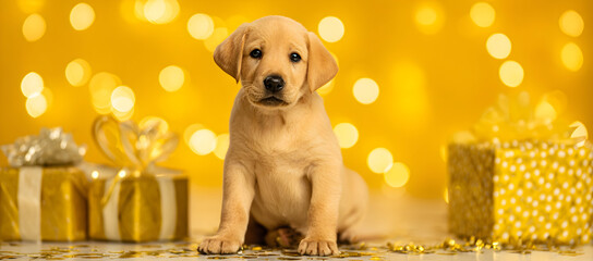 A golden labrador puppy sitting near wrapped gifts with a yellow bokeh background and confetti