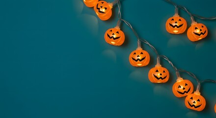 Halloween Pumpkin Lights Festive Decor on a Teal Background