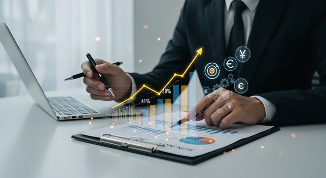 Business professional analyzing financial reports with a glowing, futuristic, augmented reality growth chart and upward trending arrow