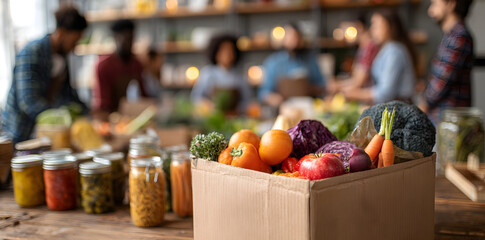 A box of fresh produce sits on a table with jars and people in the background preparing food together