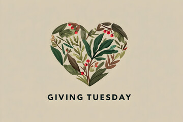 Watercolor heart shape filled with green and brown leaves and red berries for giving tuesday event