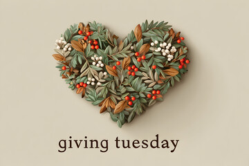 A heart shaped wreath made of leaves and berries with giving tuesday text below the wreath shape
