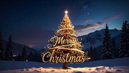 Christmas Tree in Snowy Landscape with Merry Christmas Text.