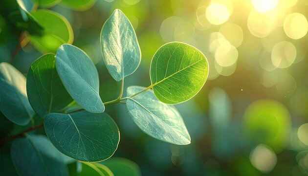 Close Up of Green Eucalyptus Leaves with Water Droplets in Sunlight Bokeh Background