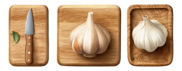 Realistic Garlic Bulb with Knife on Wooden Cutting Board