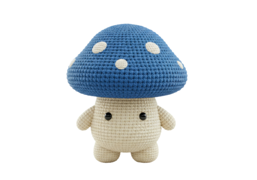 Isolated cute handmade mushroom toy with blue hat and white dots, standing alone - Powered by Adobe