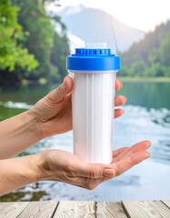 Hands Holding Water Filter Cartridge Against Scenic Background.