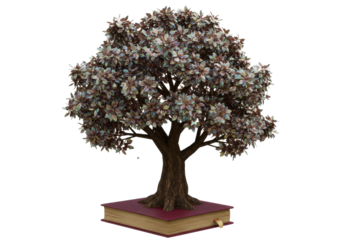 Isolated tree of knowledge on book, allegory of learning, self-improvement & education