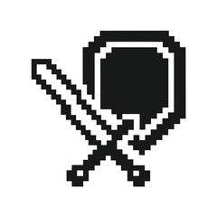 Fototapeta premium Pixelated Shield with Swords on White Background Simple Game Icon Design