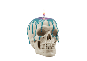 Isolated Skull Candle with Dripping Blue Wax Festive Halloween Ornament Decoration