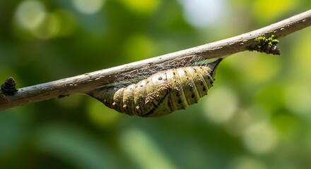 Close-up of a green chrysalis hanging from a branch in nature with green bokeh background