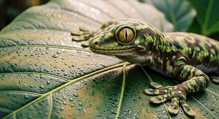 Close-up of a Green Gecko with Vibrant Eyes Resting on a Wet Leaf with Water Droplets
