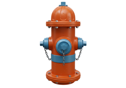 Isolated colorful fire hydrant in orange and blue, side view close-up on a neutral backdrop