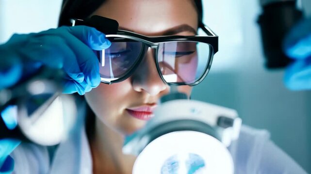 Focused Scientist Examining Samples Under Microscope with Precision, Wearing Lab Coat and Protective Gear in a Modern Laboratory Environment.