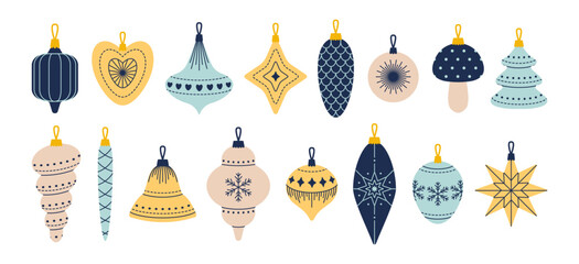 Christmas Tree Ornaments. Colorful vivid Christmas Balls in yellow and blue colors. Winter holiday decorations, festive season. Vector set isolated on white background