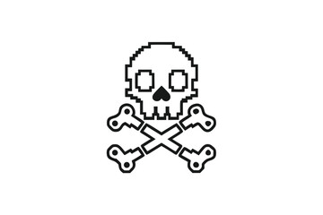 Pixelated Skull and Crossbones Vector, Isolated Style, Simple Black Icon on White Background