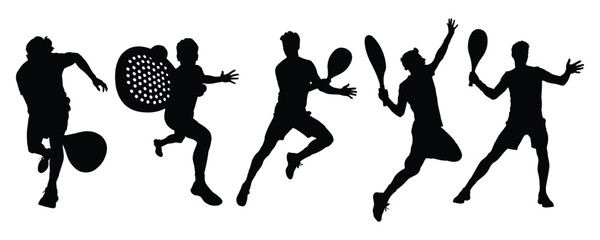 Padel Tennis Player Silhouettes Collection of Sport Action Poses with Racket on White Background