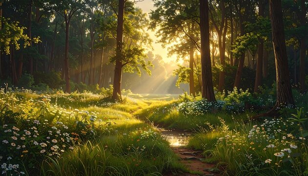 A serene forest path bathed in sunlight with wildflowers and lush greenery - Powered by Adobe