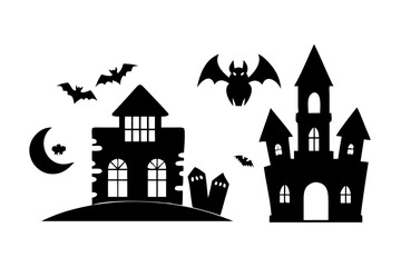 Silhouette of spooky castle, bats and moon