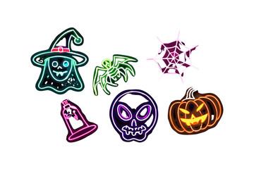 Neon halloween icons with ghost and pumpkin