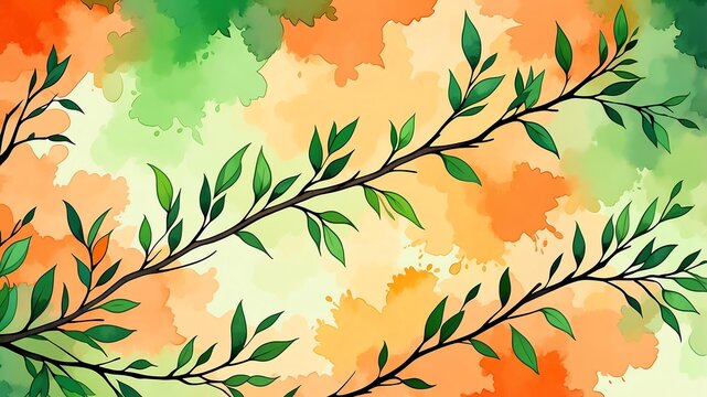 Abstract watercolor style art combination of art orange and green themed background. Tree branches textured art with sense of colors