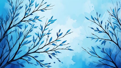 Abstract watercolor style art combination of art blue and blue themed background. Tree branches textured art with sense of colors