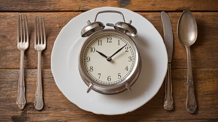 Alarm clock on a plate with cutlery on a rustic wooden table for diet and meal times