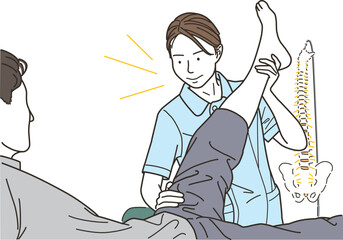 男性患者の脚のマッサージをする女性整体師